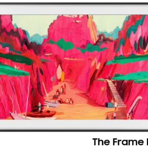 Le SAMSUNG TQ65LS03WF affiche une peinture colorée de personnes sur des bateaux et des escaliers dans un canyon d'un rose éclatant, avec un cadre élégant.
