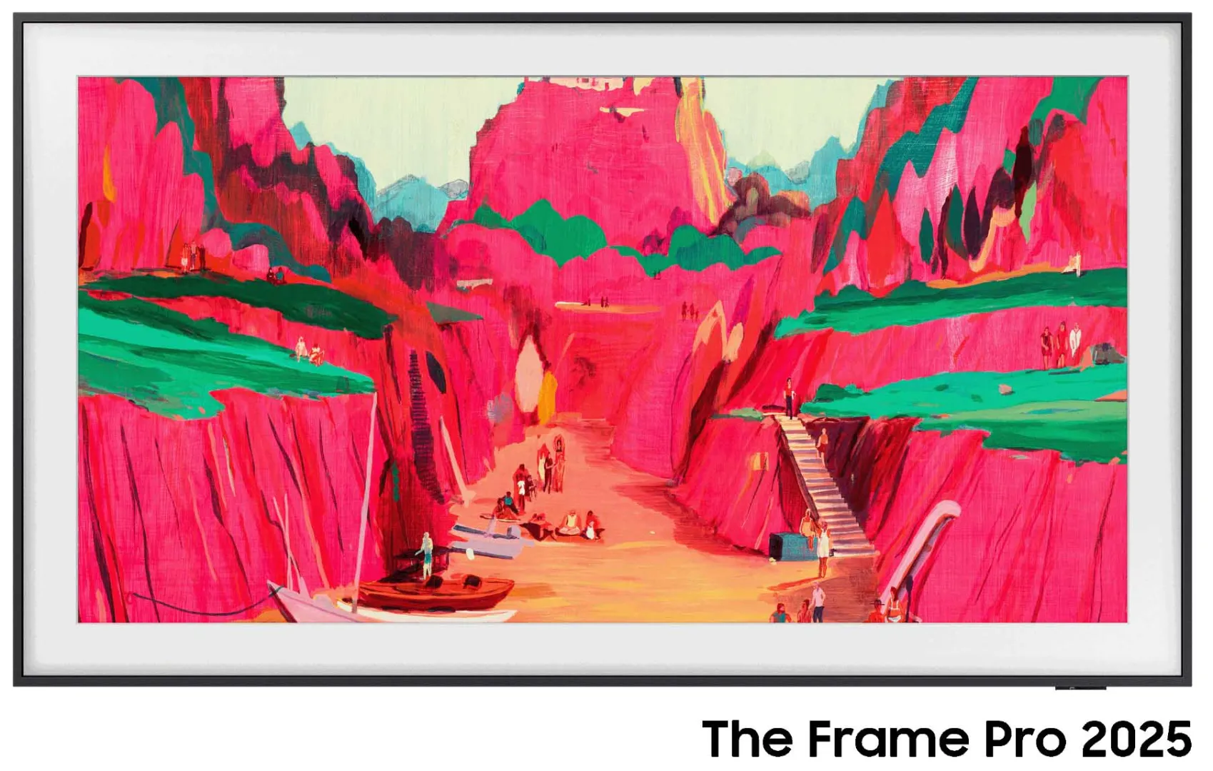Le SAMSUNG TQ65LS03WF affiche une peinture colorée de personnes sur des bateaux et des escaliers dans un canyon d'un rose éclatant, avec un cadre élégant.
