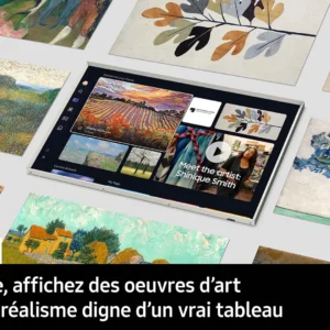 Le téléviseur SAMSUNG TQ65LS03WF présente des peintures célèbres en mode Art, au milieu d'œuvres d'art vibrantes sur une surface plane.