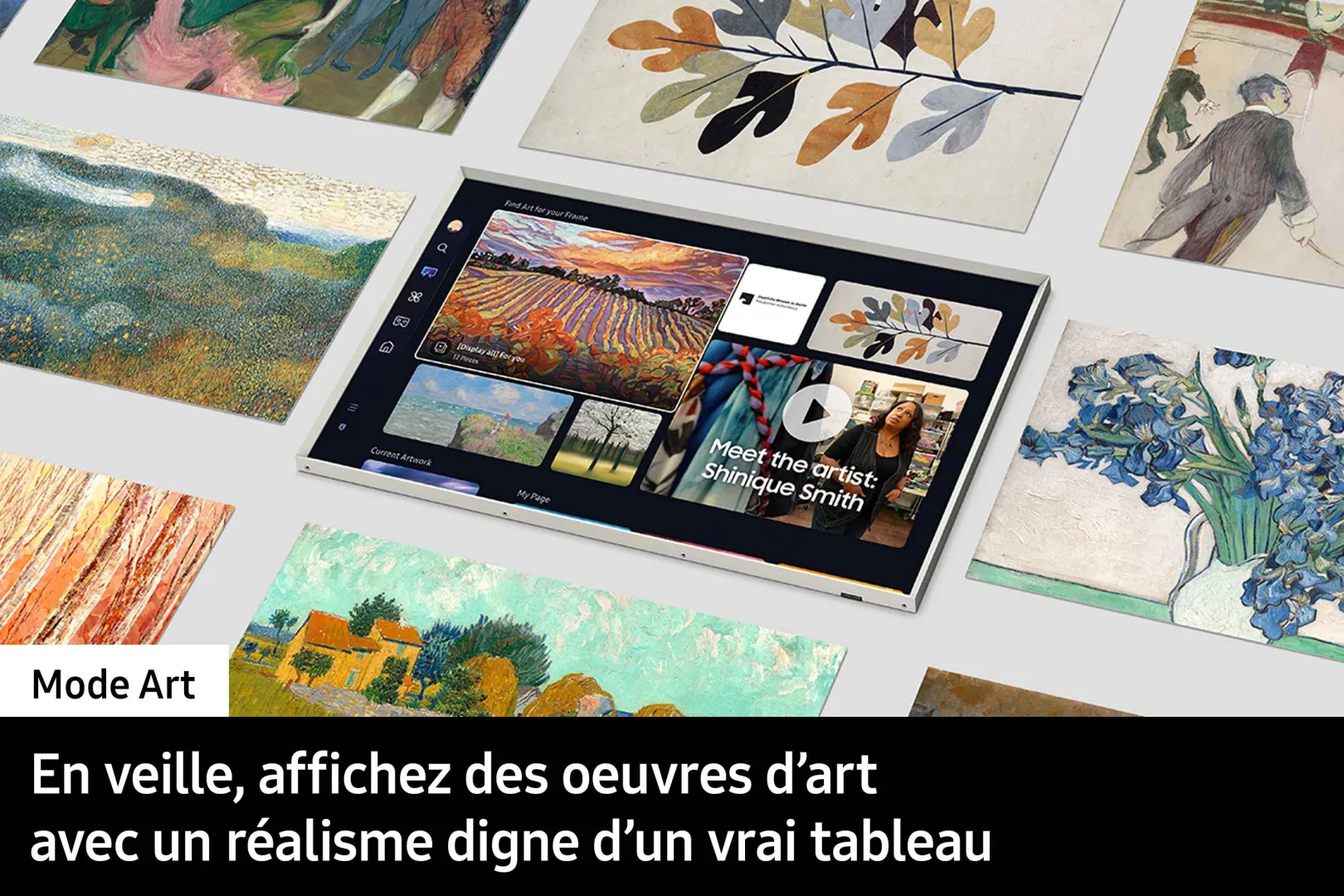 Le téléviseur SAMSUNG TQ65LS03WF présente des peintures célèbres en mode Art, au milieu d'œuvres d'art vibrantes sur une surface plane.