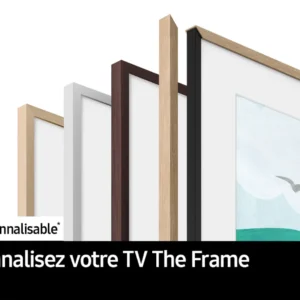 Cinq cadres personnalisables de différentes couleurs et finitions sont exposés à côté du téléviseur SAMSUNG TQ65LS03WF, qui met en valeur de superbes œuvres d'art.