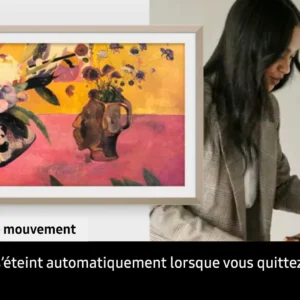 Une femme sort d'une pièce en portant un tableau encadré, accompagné d'un message en français sur la fonction d'arrêt automatique du téléviseur SAMSUNG TQ65LS03WF.