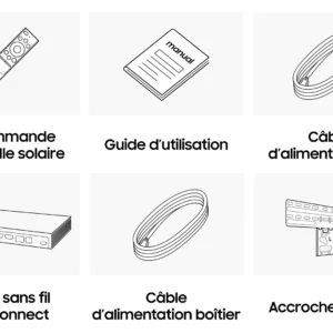 Six dessins au trait en noir et blanc présentent les accessoires du téléviseur SAMSUNG TQ65LS03WF, notamment les télécommandes, les câbles, les manuels et le matériel de montage.