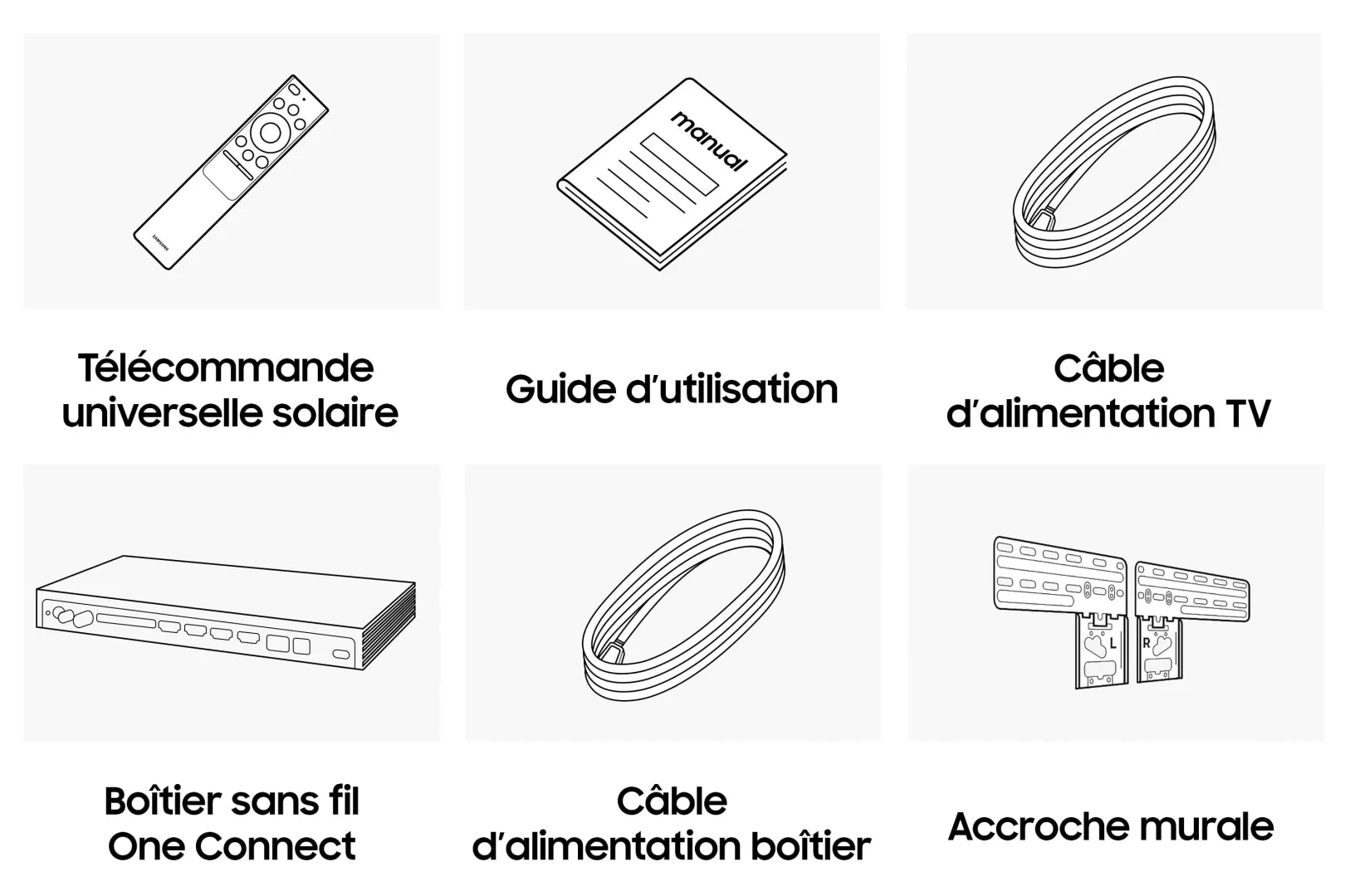 Six dessins au trait en noir et blanc présentent les accessoires du téléviseur SAMSUNG TQ65LS03WF, notamment les télécommandes, les câbles, les manuels et le matériel de montage.