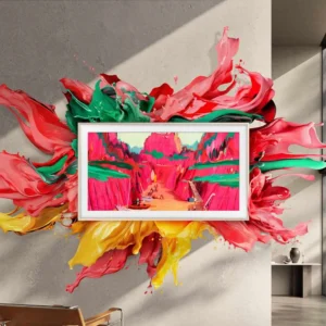 Un SAMSUNG TQ65LS03WF encadré, entouré d'éclaboussures de peinture vibrantes, crée un point focal frappant dans n'importe quel espace moderne - idéal pour afficher votre style unique.