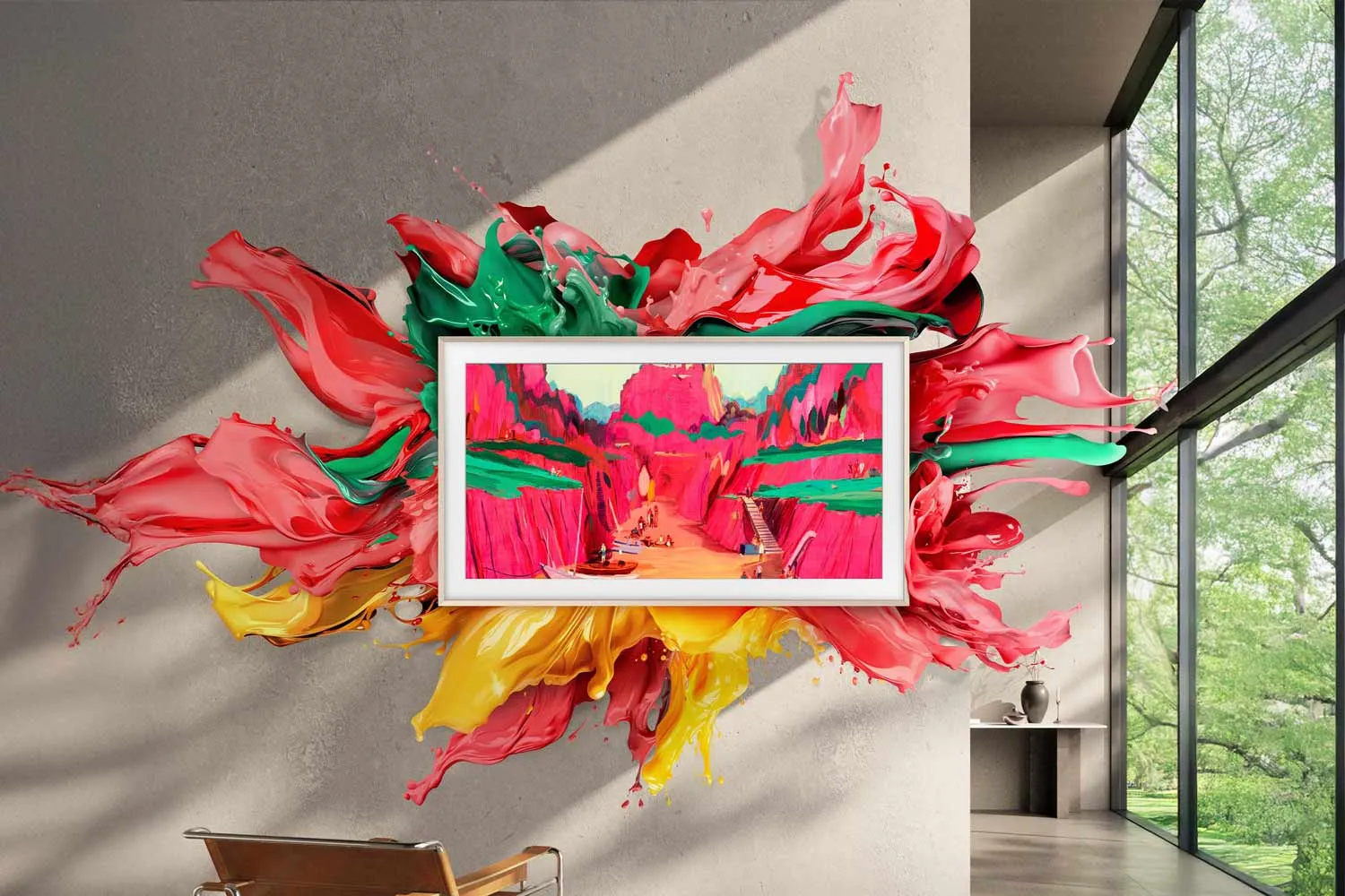 Un SAMSUNG TQ65LS03WF encadré, entouré d'éclaboussures de peinture vibrantes, crée un point focal frappant dans n'importe quel espace moderne - idéal pour afficher votre style unique.