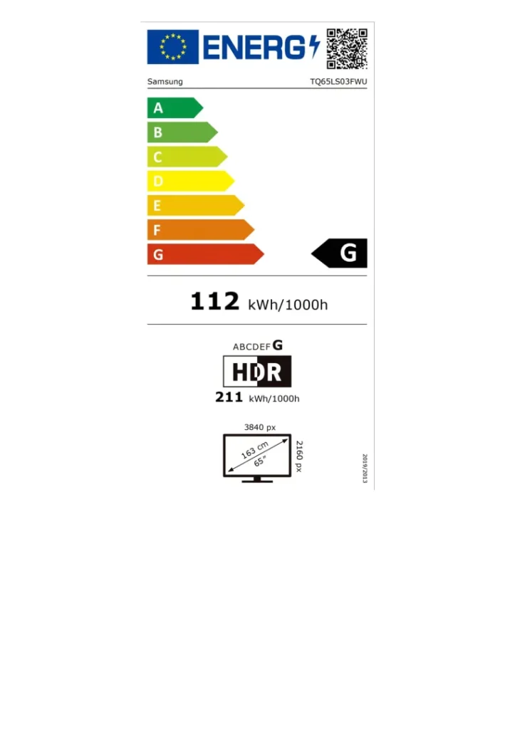 Le téléviseur SAMSUNG TQ65LS03WF possède un label énergétique européen G, consomme 112 kWh/1000h et dispose d'un écran de 163 cm (65") avec une résolution de 3840 x 2160 px.