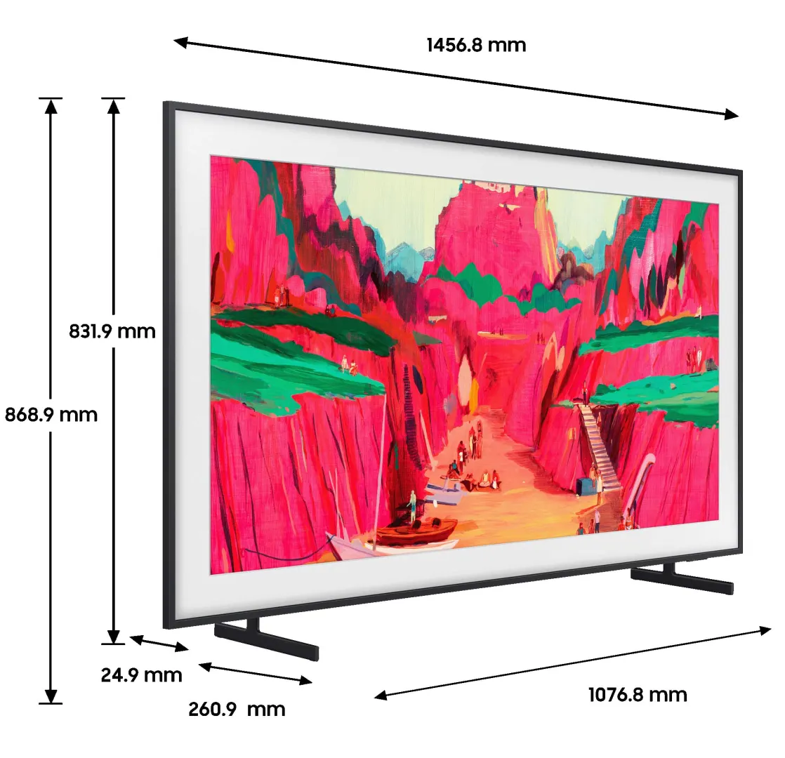 Le téléviseur SAMSUNG TQ65LS03WF présente un paysage vivant à l'écran, ses dimensions étant clairement indiquées en millimètres sur tous les côtés.