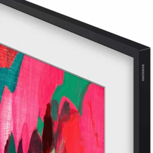 Gros plan sur le cadre d'un téléviseur SAMSUNG TQ65LS03WF affichant des œuvres d'art abstraites avec des coups de pinceau roses, rouges et verts.
