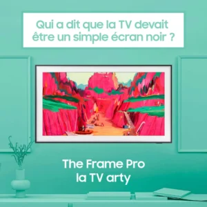 Le téléviseur SAMSUNG TQ65LS03WF, monté sur un mur sarcelle, présente un art vibrant et un texte en français sur The Frame Pro TV dans un affichage élégant.