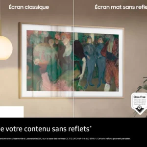 Une peinture murale est divisée pour afficher les reflets sur un écran standard alors qu'il n'y en a pas sur l'écran mat du téléviseur SAMSUNG TQ65LS03WF.