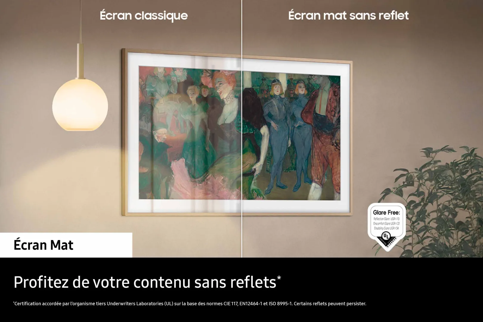 Une peinture murale est divisée pour afficher les reflets sur un écran standard alors qu'il n'y en a pas sur l'écran mat du téléviseur SAMSUNG TQ65LS03WF.