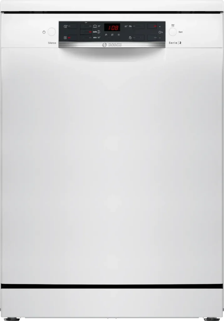 Vue de face du lave-vaisselle BOSCH SMS25AW10F en blanc, avec un panneau de commande numérique noir moderne et un écran placé en haut.