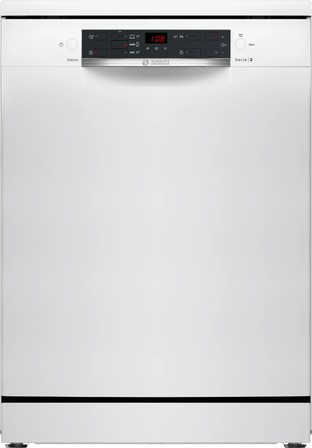 Vue de face du lave-vaisselle BOSCH SMS25AW10F en blanc, avec un panneau de commande numérique noir moderne et un écran placé en haut.