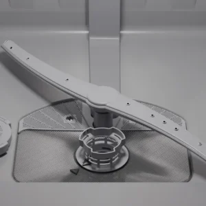 Vue rapprochée de l'intérieur inférieur du lave-vaisselle BOSCH SMS25AW10F, mettant en évidence le bras d'aspersion et les composants du filtre.