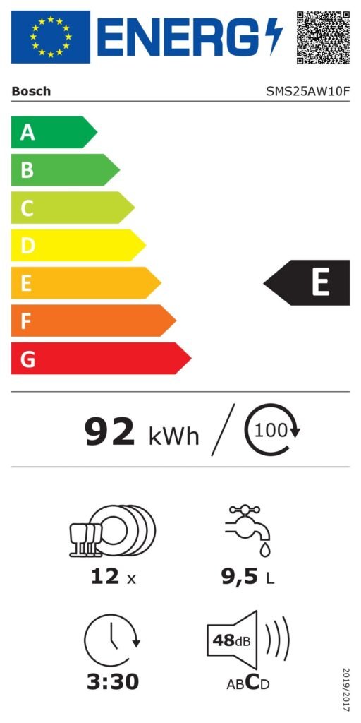 Le lave-vaisselle BOSCH SMS25AW10F a une étiquette énergétique E, consomme 92 kWh/100 cycles et 9,5 litres d'eau par cycle, peut contenir 12 couverts, fonctionne pendant 3h30min à un niveau sonore de 48dB.