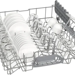 Le panier supérieur du lave-vaisselle BOSCH SMS25AW10F permet de ranger les assiettes, les bols, les verres et les tasses en rangées ordonnées.