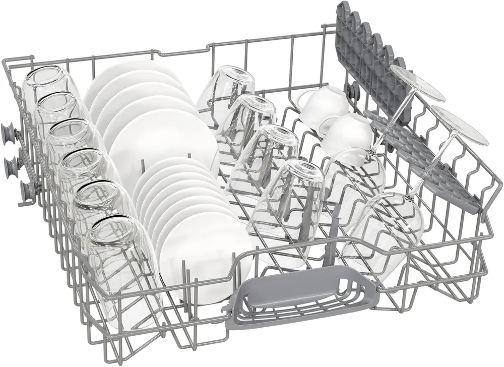 Le panier supérieur du lave-vaisselle BOSCH SMS25AW10F permet de ranger les assiettes, les bols, les verres et les tasses en rangées ordonnées.