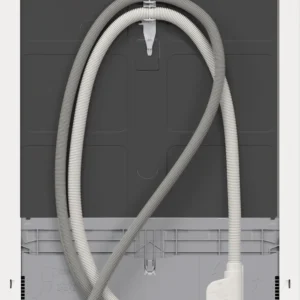 Vue arrière du lave-vaisselle BOSCH SMS25AW10F, montrant les tuyaux enroulés, le cordon d'alimentation et les points de connexion inférieurs.