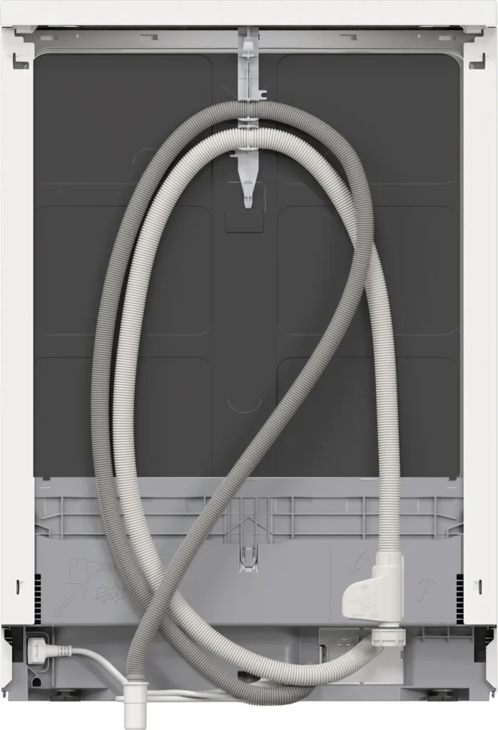Vue arrière du lave-vaisselle BOSCH SMS25AW10F, montrant les tuyaux enroulés, le cordon d'alimentation et les points de connexion inférieurs.