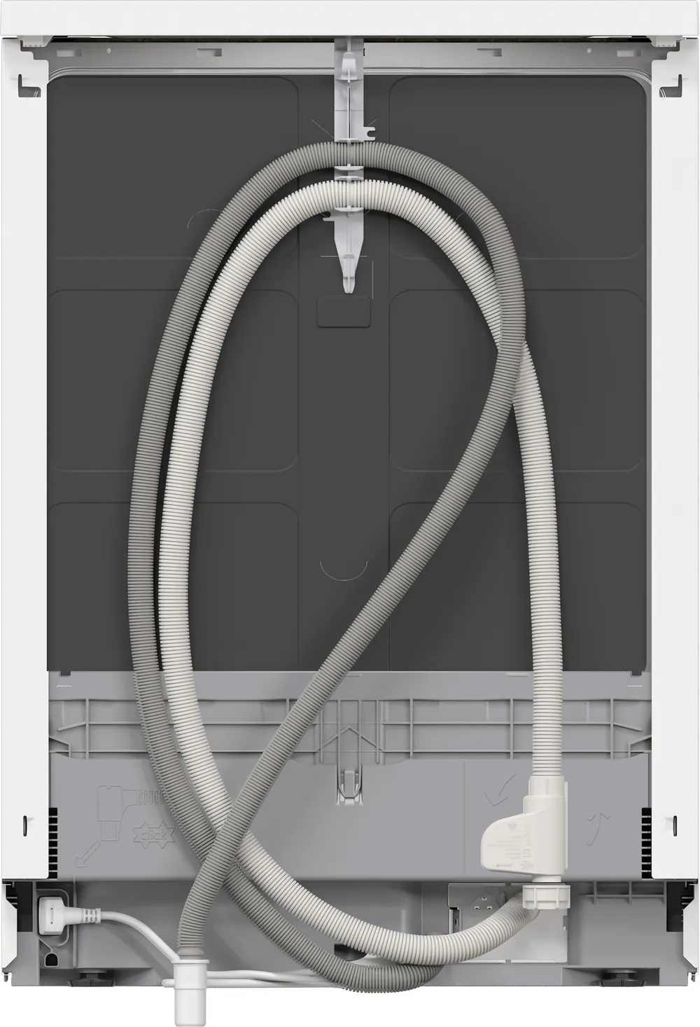 Vue arrière du lave-vaisselle BOSCH SMS25AW10F, montrant les tuyaux enroulés, le cordon d'alimentation et les points de connexion inférieurs.