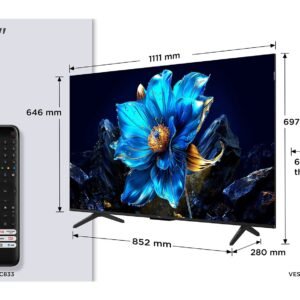 TCL 50P79K Téléviseur de 50 pouces avec télécommande ; les dimensions sont indiquées en millimètres ; l'écran affiche une image de fleur bleue.