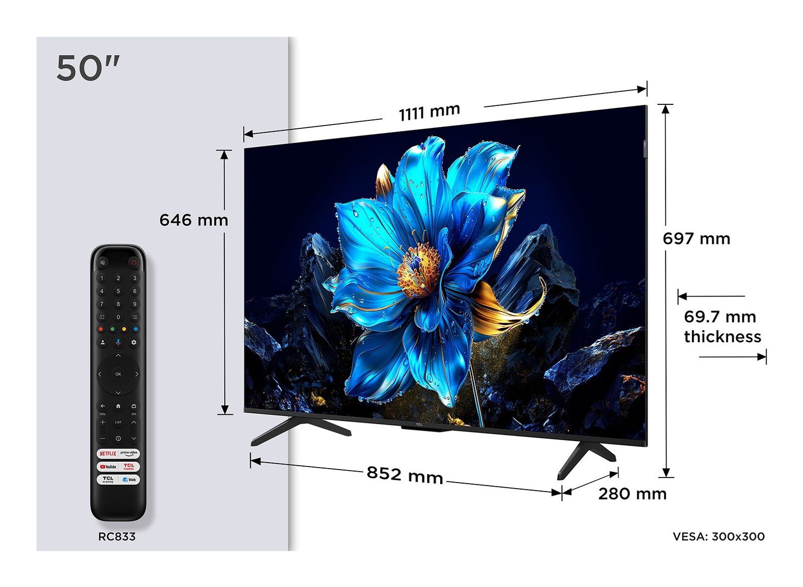TCL 50P79K Téléviseur de 50 pouces avec télécommande ; les dimensions sont indiquées en millimètres ; l'écran affiche une image de fleur bleue.