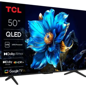 Un téléviseur TCL 50P79K 50" QLED montre une fleur bleue éclatante, avec les caractéristiques du produit affichées sur le côté gauche de l'écran.
