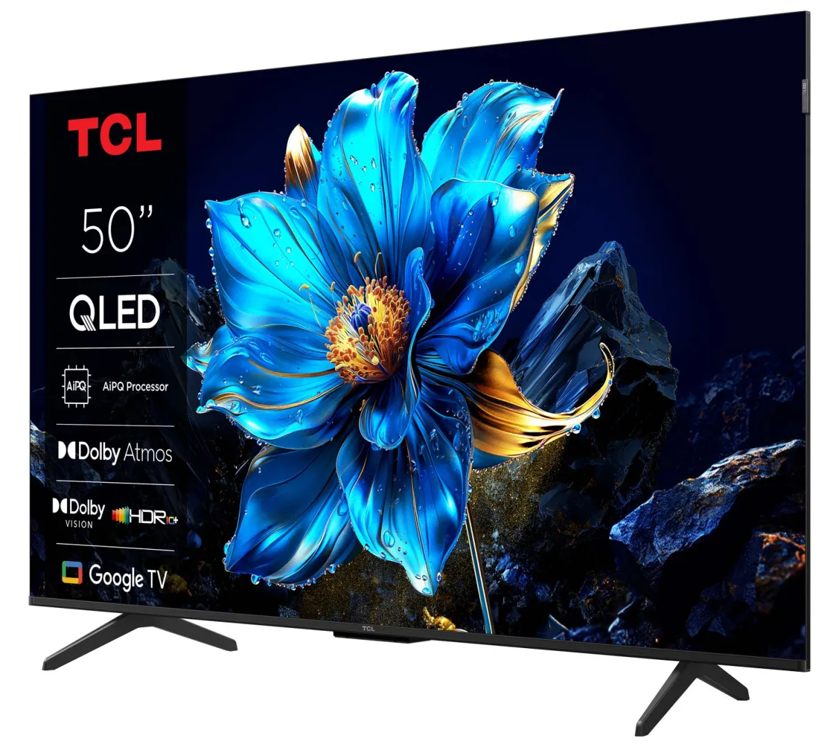 Le téléviseur QLED 50 pouces TCL 50P79K affiche une fleur bleue vibrante et met en avant des fonctionnalités telles que Google TV et Dolby Vision.