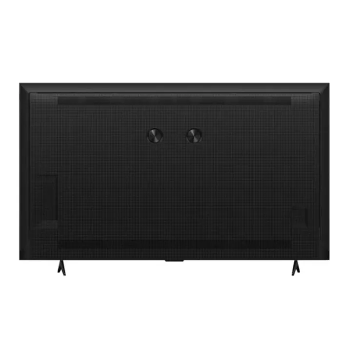 La vue arrière du téléviseur à écran plat TCL 50P79K montre deux trous de fixation murale et deux pieds de support dans les coins inférieurs.
