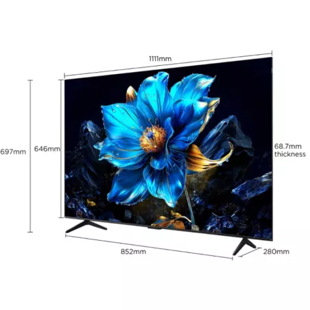 Le TCL 50P79K est un téléviseur à écran plat affichant une fleur bleue, dont les dimensions sont indiquées sur le pourtour de l'écran.