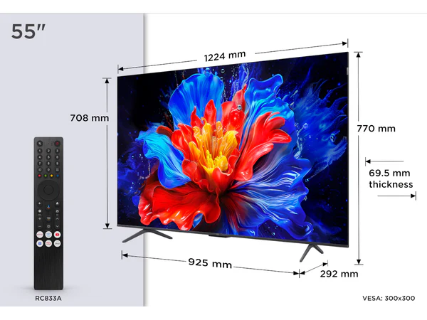 Le TCL 55P8K est un téléviseur de 55 pouces doté d'un écran lumineux, d'une télécommande et de dimensions de largeur, de hauteur et de profondeur clairement indiquées.