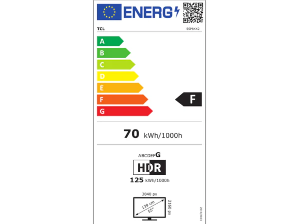 Étiquette énergétique de l'UE pour le téléviseur TCL 55P8K : classé F, consomme 70 kWh/1000h (standard), 125 kWh/1000h (mode HDR), avec un écran 55" 3840x2160.