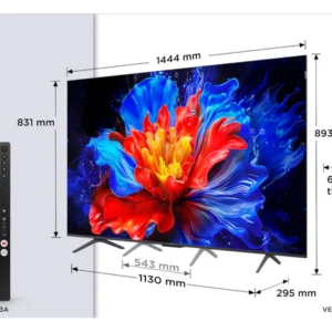 Téléviseur TCL 65P8K de 65 pouces avec affichage de fleurs vibrantes, dimensions étiquetées et télécommande visible sur la gauche.