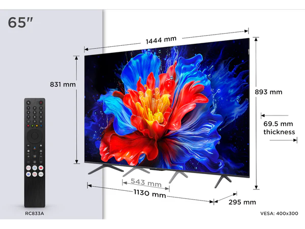 Téléviseur TCL 65P8K de 65 pouces avec affichage de fleurs vibrantes, dimensions étiquetées et télécommande visible sur la gauche.