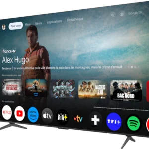 L'écran d'un téléviseur intelligent TCL 65P8K affiche des applications de diffusion en continu et la série "Alex Hugo" dans son menu d'accueil.