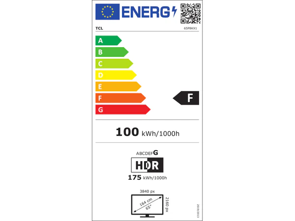 Étiquette énergétique de l'UE pour le téléviseur TCL 65P8K : classé F, 100 kWh/1000h (SDR), 175 kWh/1000h (HDR), 65 pouces, 3840x2160 pixels.