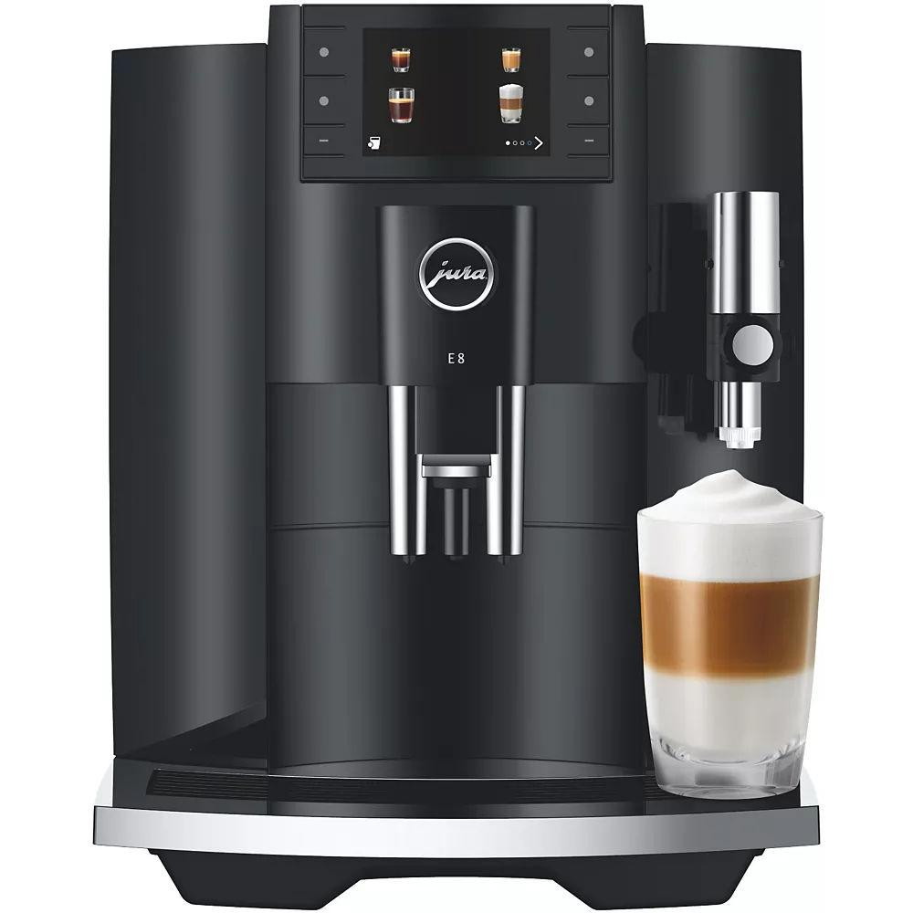 La JURA E4 PIANOBLACK (Copieur), dotée d'un écran, prépare un verre de cappuccino en couches avec une mousse crémeuse.