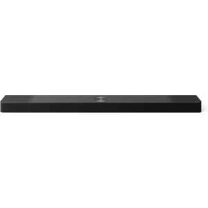 La LG S95TR est une barre de son rectangulaire noire dotée d'une commande circulaire sur le dessus, présentée de face sur un fond blanc.