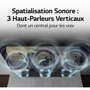 LG S95TR avec graphiques d'ondes sonores montrant ses 3 haut-parleurs verticaux - dont un central pour des voix claires - affichés sur le téléviseur. Le texte français apparaît au-dessus.