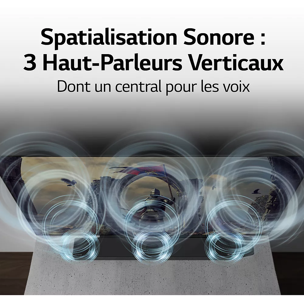 LG S95TR avec graphiques d'ondes sonores montrant ses 3 haut-parleurs verticaux - dont un central pour des voix claires - affichés sur le téléviseur. Le texte français apparaît au-dessus.