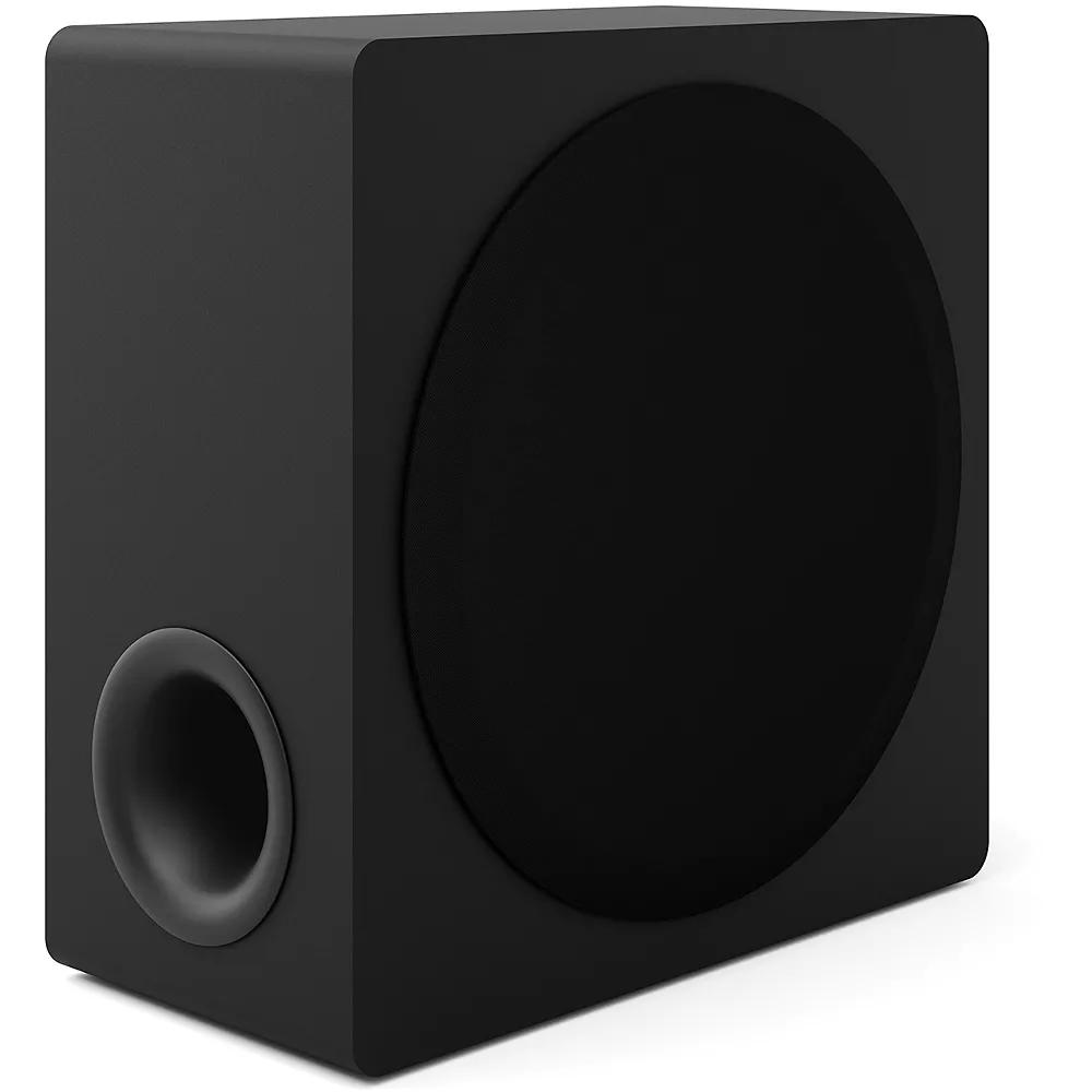 Le LG S95TR est un caisson de basses rectangulaire noir doté d'un grand haut-parleur circulaire et d'un port latéral pour les basses.