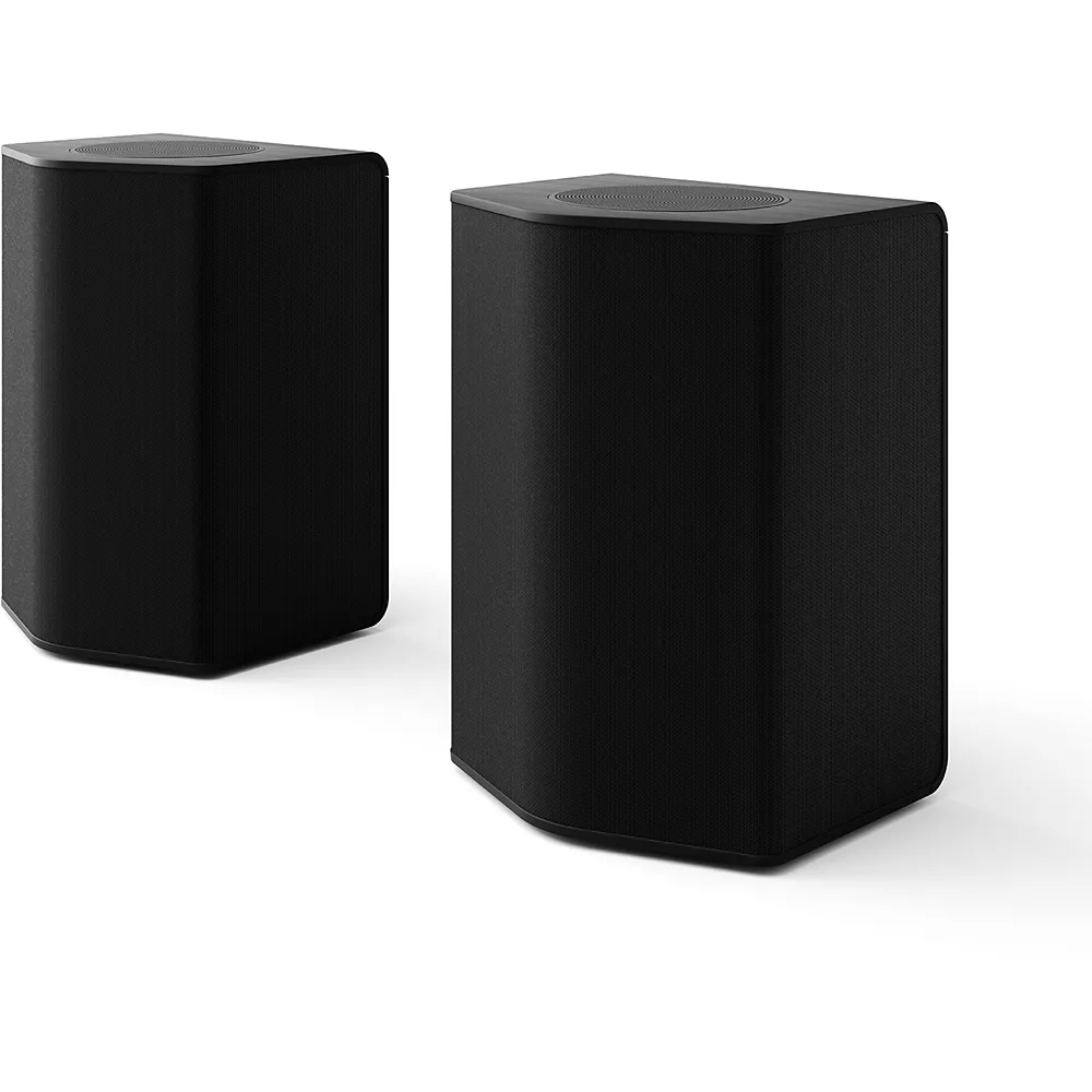 Deux haut-parleurs sans fil noirs modernes LG S95TR placés côte à côte sur un fond blanc.