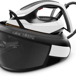 Le fer à vapeur CALOR SV8156CO est disponible en noir et blanc et dispose d'un grand réservoir d'eau de 1,8 litre avec un tuyau d'arrosage.