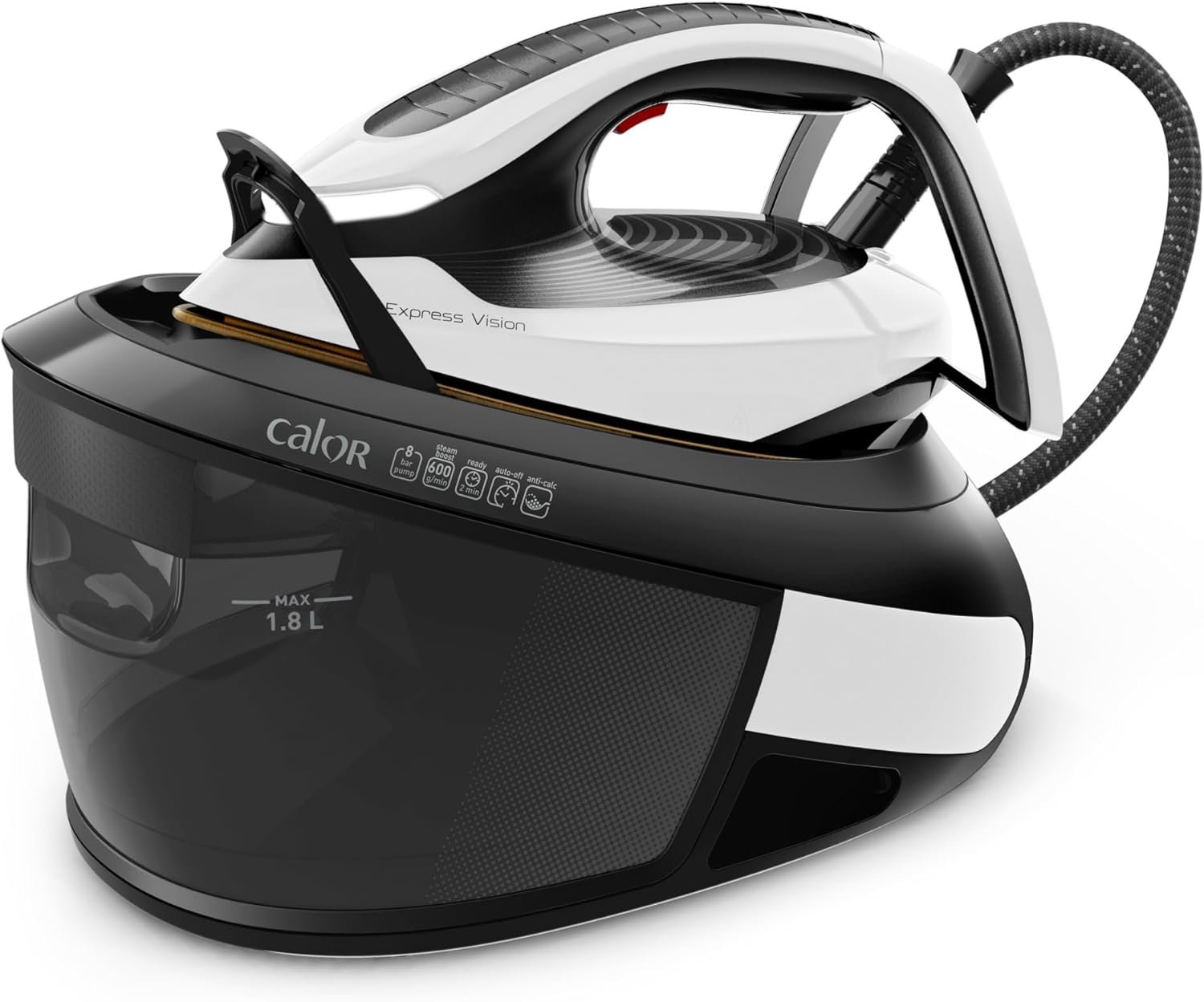 Le fer à vapeur CALOR SV8156CO est disponible en noir et blanc et dispose d'un grand réservoir d'eau de 1,8 litre avec un tuyau d'arrosage.