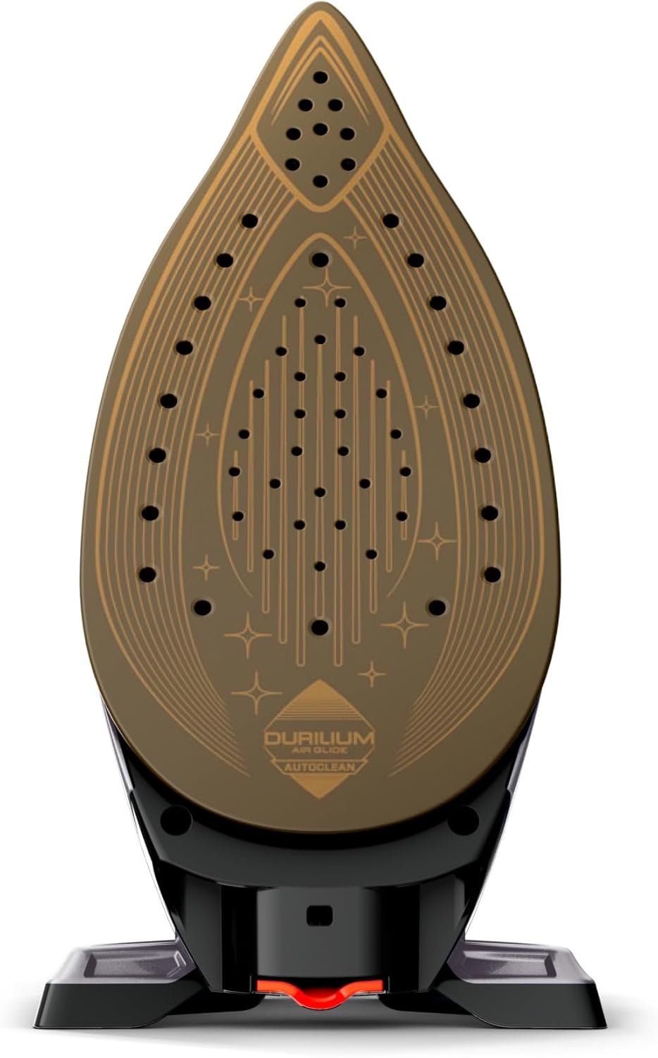 Le fer à vapeur CALOR SV8156CO est doté d'une semelle à motifs dorés et de trous de vapeur de précision pour un repassage efficace.