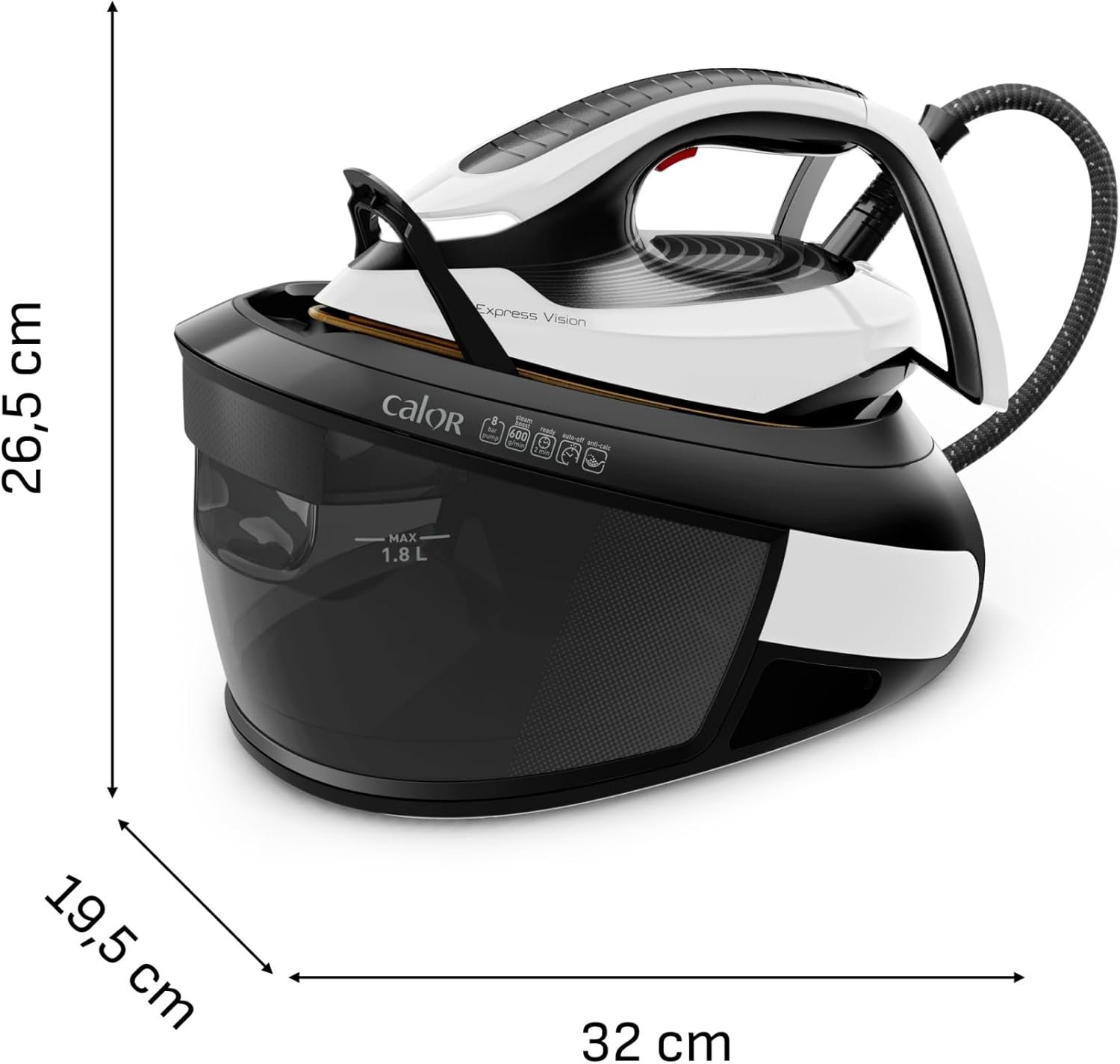 Le fer à vapeur CALOR SV8156CO avec station de base mesure 26,5 cm de hauteur, 32 cm de largeur et 19,5 cm de profondeur.