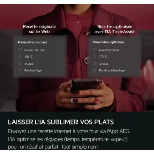Une personne tient un smartphone montrant les paramètres de cuisson de l'AEG TR7PB731SB, mettant en évidence les fonctions d'optimisation des recettes pilotées par l'IA.