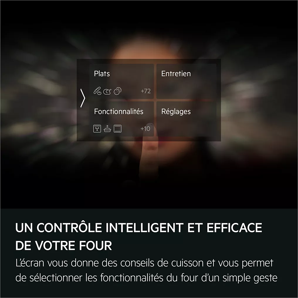 L'interface de four intelligent du AEG TR7PB731SB affiche des options comme Plats, Entretien, Fonctionnalités et Réglages.