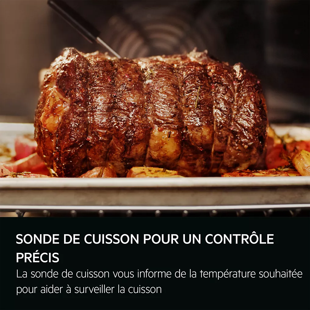 Un thermomètre à viande est inséré dans une pièce de bœuf rôtie avec des légumes dans le four AEG TR7PB731SB.